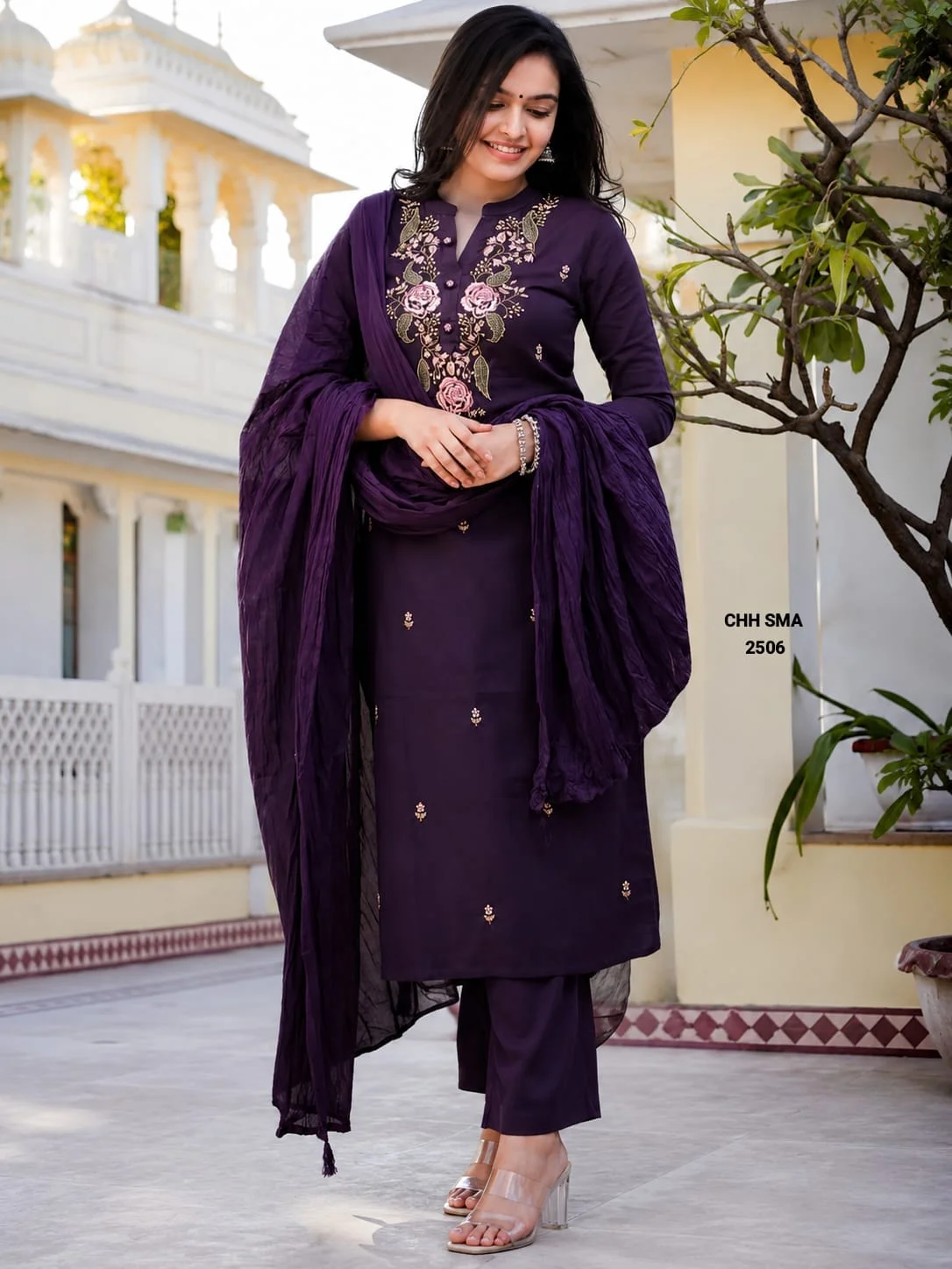 Floral Embroidered Straight Kurta, Pant, and Dupatta Set.